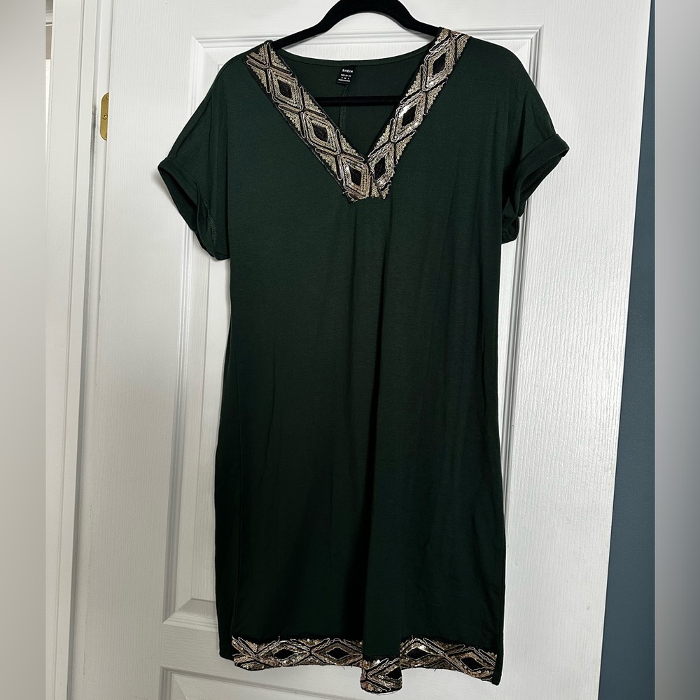 Green Dress with Geometric Trim